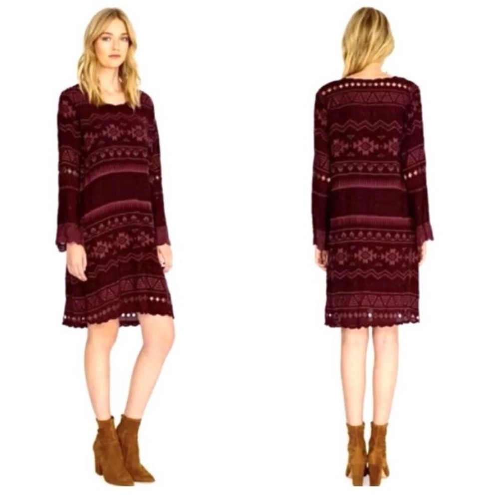 Johnny Was XS Avery Merlot Burgundy Embroidered Eyelet Lace Tunic‎ Dress